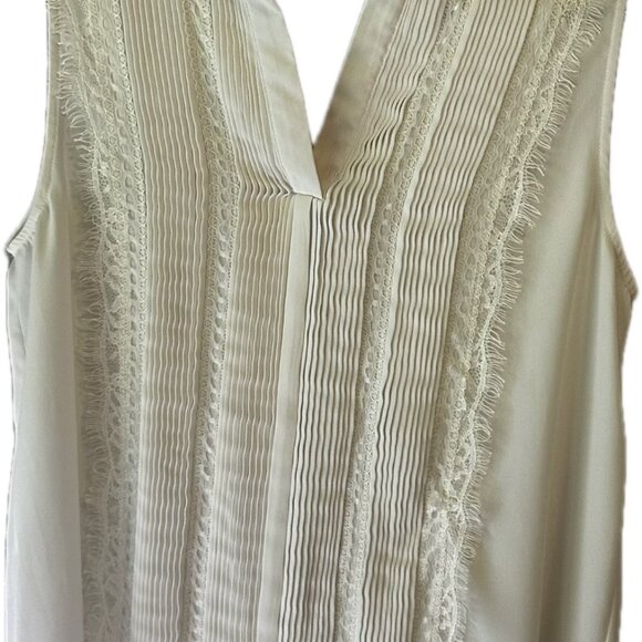 Caslon Tops - Sleeveless Blouse Womens‎ Cream Pintuck Lace Trim Pleated V-Neck High-Low Top